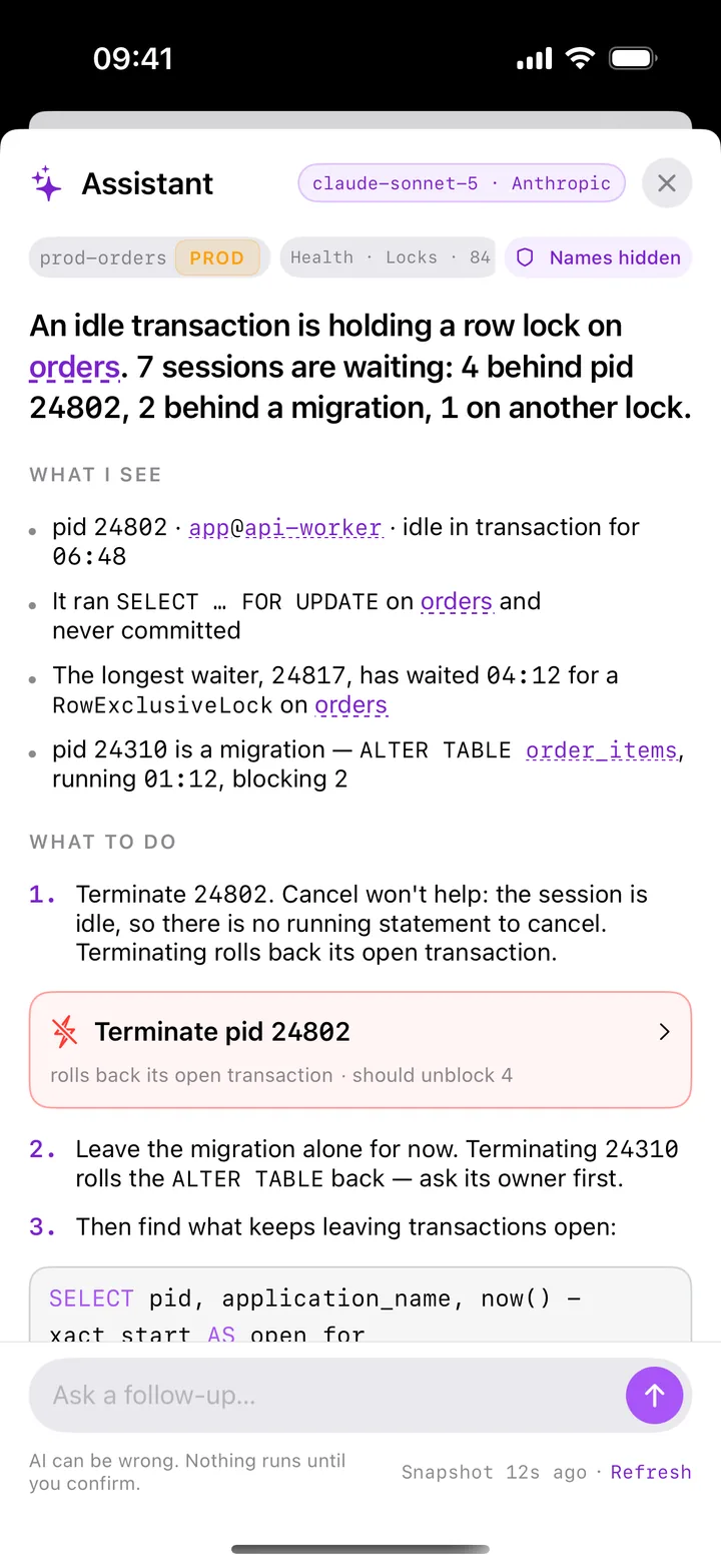 Assistant answer: an idle transaction holds a row lock on orders, seven sessions wait, with the suggested next steps