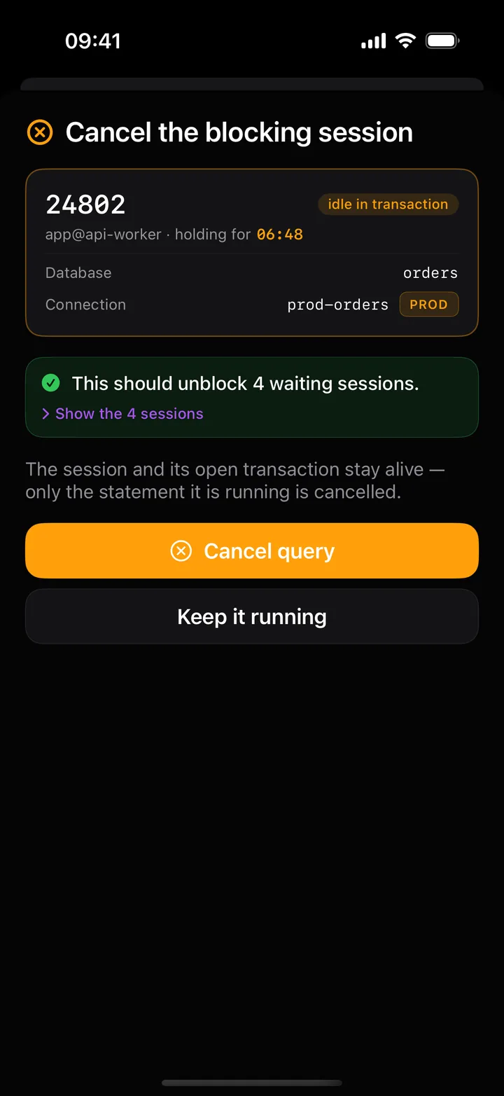 Cancel the blocking session sheet: pid 24802 idle in transaction; This should unblock 4 waiting sessions