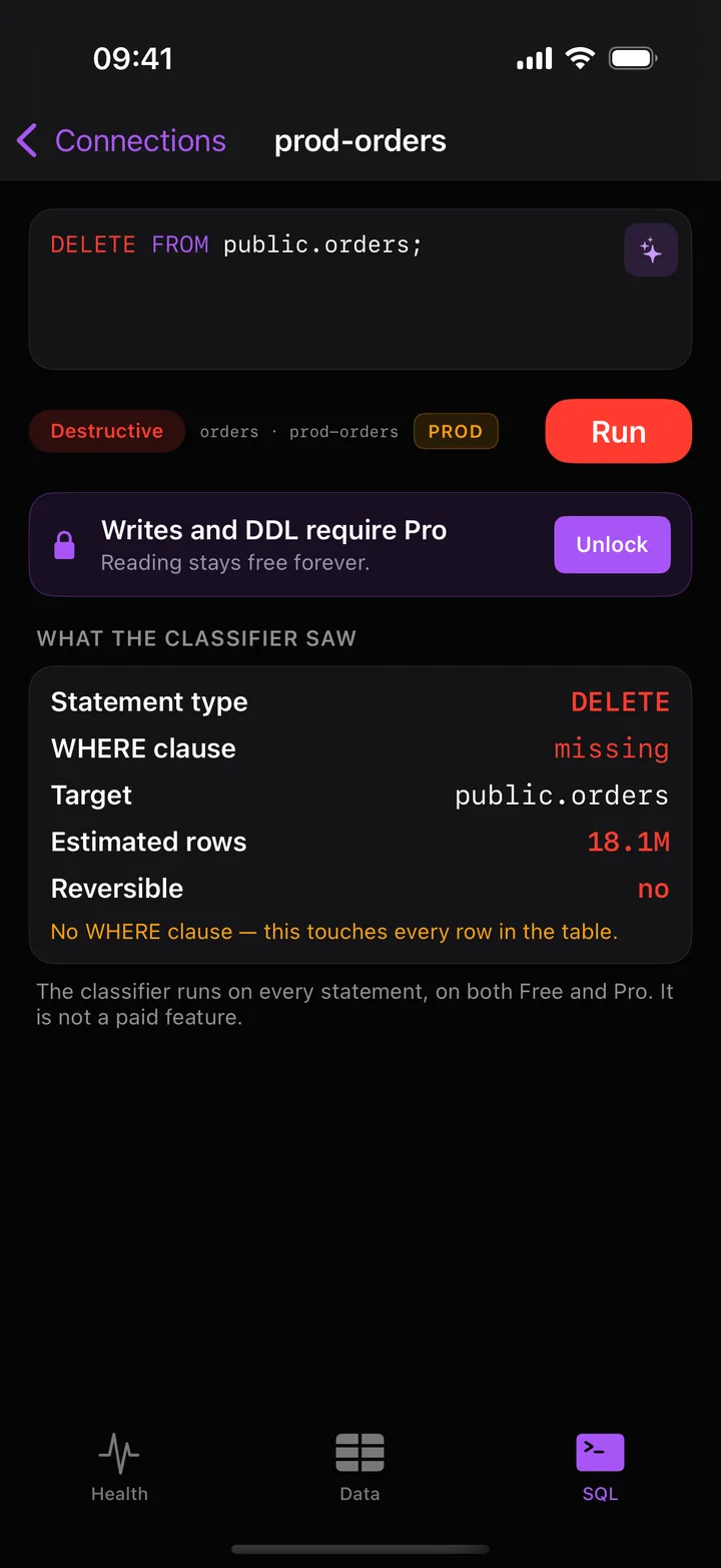 SQL console: DELETE FROM public.orders classified as Destructive, WHERE clause missing, 18.1M estimated rows