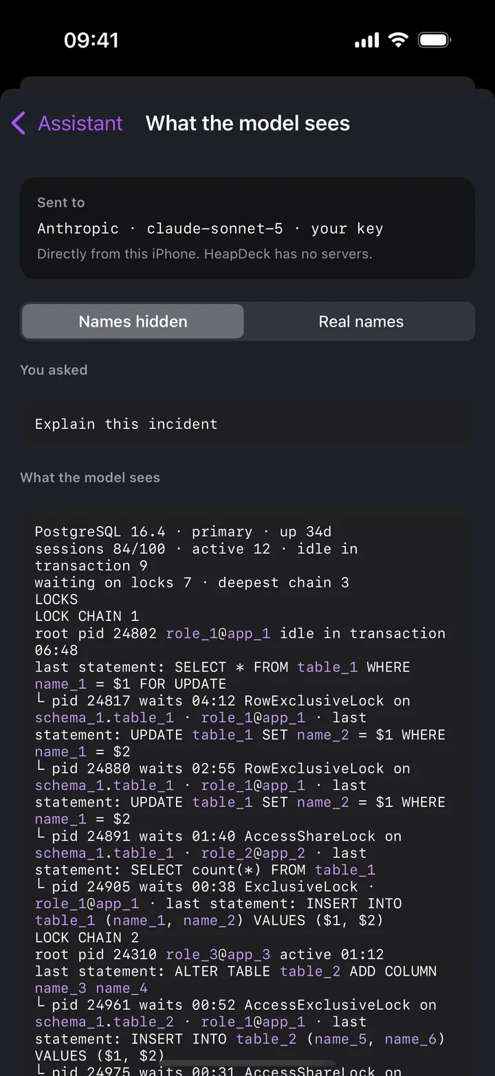 What the model sees: the snapshot sent to the model, with names replaced by placeholders like table_1